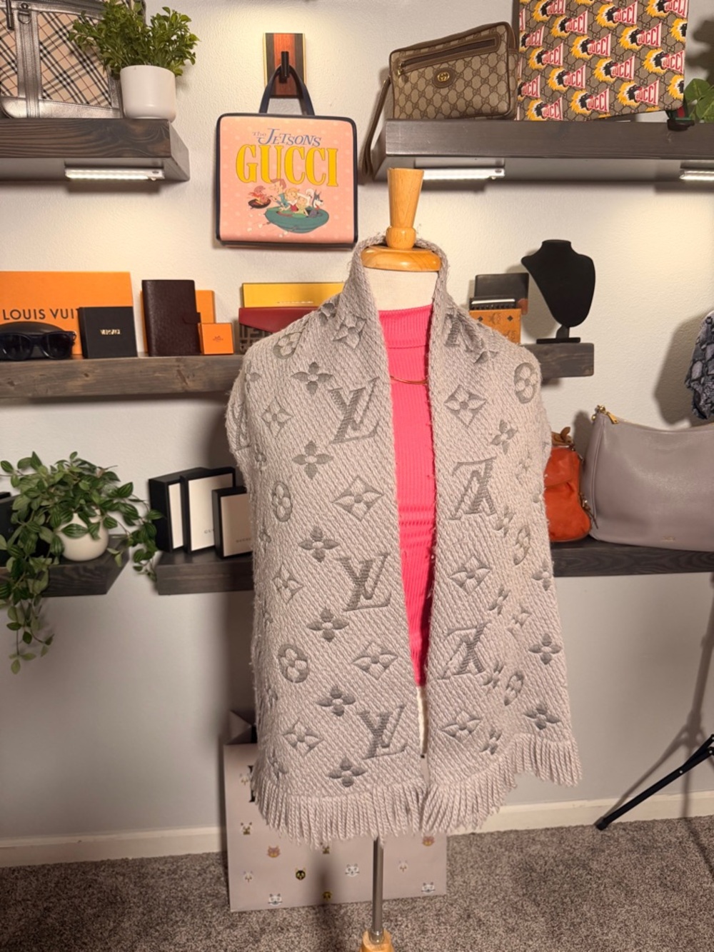 Louis Vuitton Light Gray Monogram Knit Shawl with Fringe